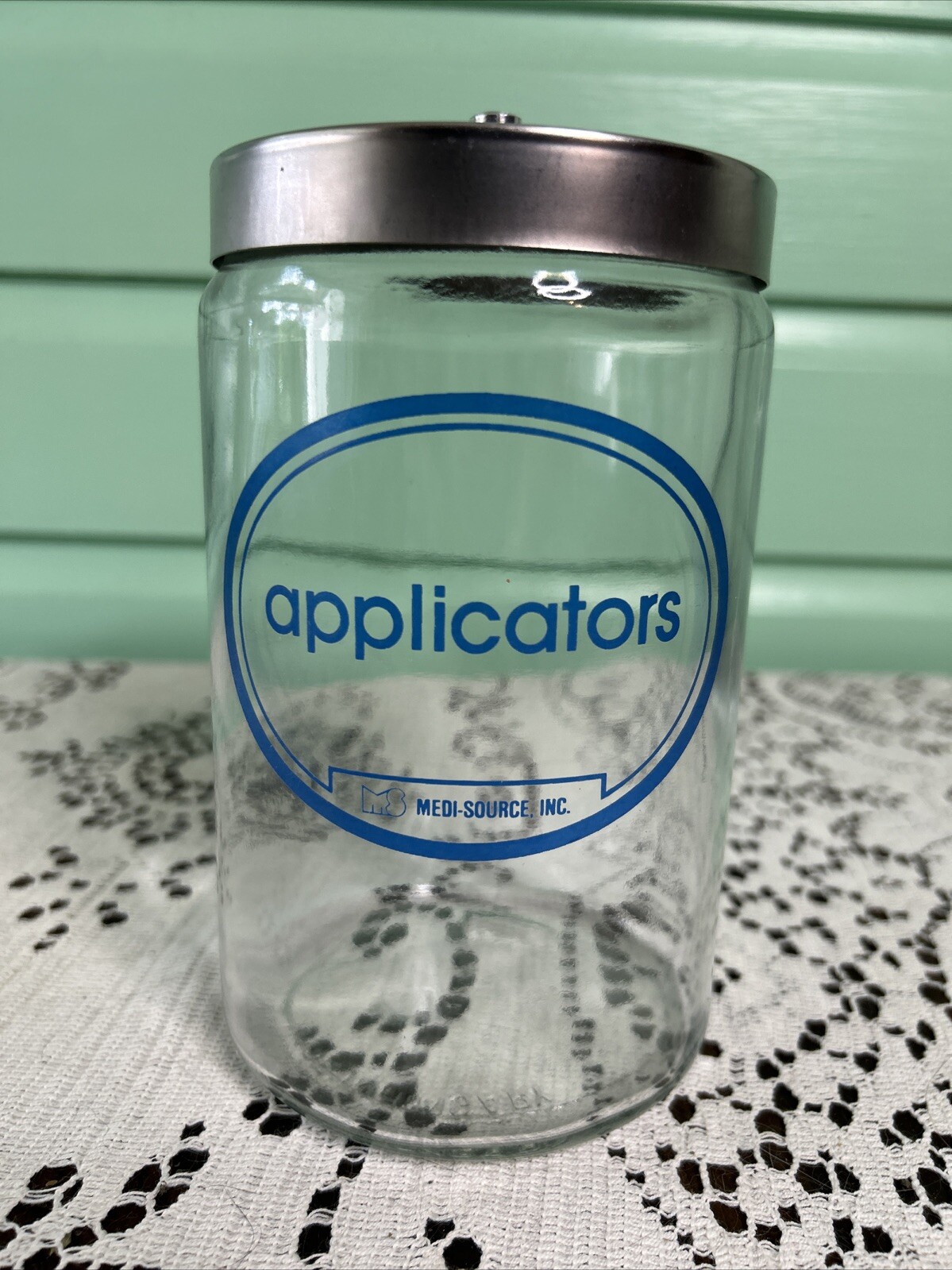 Grafco Medical Apothecary Glass Jar stainless Lid blue letters Applicators