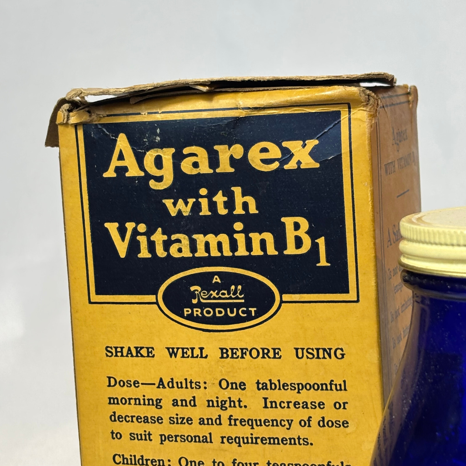 Vtg Agarex W/ Vitamin B1 16oz Cobalt Blue Bottle In Box Rexall Drug Stores